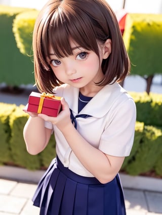 ((6year old girl:1.5)), ((solo,1girl:1.4)),
loli, petite girl,  whole body, children's body, beautiful shining body, bangs,((brown hair:1.3)),high eyes,(brown eyes), petite,tall eyes, beautiful girl with fine details, Beautiful and delicate eyes, detailed face, Beautiful eyes,natural light,((realism: 1.2 )), dynamic far view shot,cinematic lighting, perfect composition, by sumic.mic, ultra detailed, official art, masterpiece, (best quality:1.3), reflections, extremely detailed cg unity 8k wallpaper, detailed background, masterpiece, best quality , (masterpiece), (best quality:1.4), (ultra highres:1.2), (hyperrealistic:1.4), (photorealistic:1.2), best quality, high quality, highres, detail enhancement,cute pussy, nsfw,((very short hair:1.4)),((holding gifts:1.4)),
((tareme,animated eyes, big eyes,droopy eyes:1.2)),Random poses,((embarrassed expression)),(( cardigan,school uniform, sailor uniform, navy pleated skirt:1.4)),Realism,school uniform