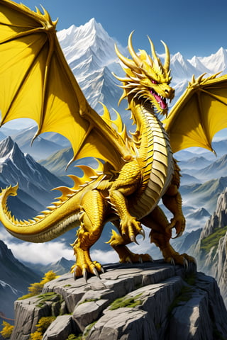 full body shot of a giant yellow dragon, wearing full armor, mountains background, HD, masterpiece, best quality, hyper detailed, ultra detailed,