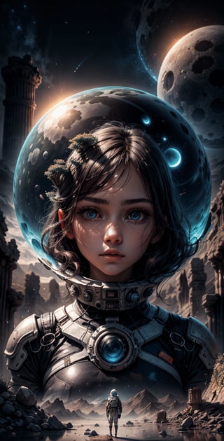 An otherworldly landscape bathed in the soft, ethereal light of multiple moons, where a girl Closeup, in a futuristic spacesuit gazes up in wonder, surrounded by floating islands and ancient, mysterious ruins.
