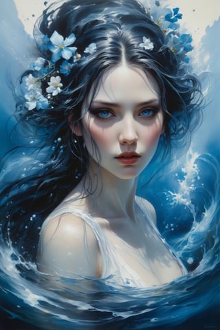 Scumbling painting of a water elemental woman surrounded by water, using water magic, blue eyes, roughly painted skin, messy paint strokes, swirling water magic, ocean background, by Bastien L. Deharme, gothic art, style of Ashley Wood, blue and white flowers, Sakimichan Frank Franzzeta, beautiful portrait of a hopeless, Ruan Jia and Joao Ruas, watercolors and oil on canvas hyperdetailed, beautiful colours