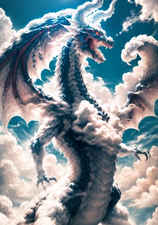 Hyperrealistic art BJ_Sacred_beast, red_eyes, (All White body:1.4), outdoors, horns, sky, teeth, day, cloud, (no_humans:1.3), cloudy_sky, scenery, smoke, mountain, dragon,
cinematic lighting,strong contrast,high level of detail,Best quality,masterpiece,, . Extremely high-resolution details, photographic, realism pushed to extreme, fine texture, incredibly lifelike,long,cloud ((by Kekai Kotaki:1.5)),sketch