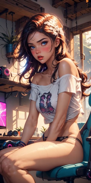 masterpiece,best quality,ultra-detailed,8K,High detailed, a dark haired girl,long tussled hair, tired, sexy, cute,skimpy,(white off the shoulder tshirt with video game print), laced thong,see-trough, delicate, pubic hair, mordern, Gaming room, sitting in gaming chair, cup of coffe, Rgb lighting, blush,shy,Sexy Women ,More Detail,Color Booster,gameroomconcept