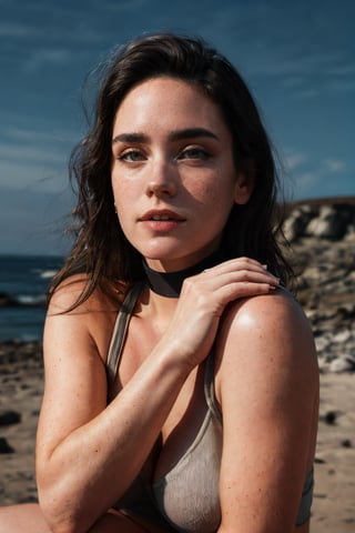 Take a day light moody photo of a woman  wide hips, wearing a tank top and a stylish collar or choker accessory, showcasing her freckles and a small, intriguing tattoo on her arm. The woman should have a slight smirk on her face, and her detailed face, especially her detailed nose, should be the focal point of the image. Use the rule of thirds in composition to frame her boob beautifully, and enhance the photo with dramatic lighting to add depth and intensity. Place the woman against a Fantastic outdoor Scenery background that complements her personality and adds shadows.",lalisamanoban, no_humans, Detailedface, Detailedeyes, JenniferConnelly