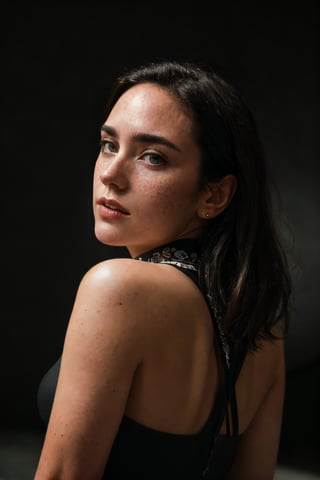 Take a day light moody photo of a woman with sexy wide big_hips, wearing a tank top and a stylish collar or choker accessory, showcasing her freckles and a small, intriguing tattoo on her arm. The woman should have a slight smirk on her face, and her detailed face, especially her detailed nose, should be the focal point of the image. Use the rule of thirds in composition to frame her face beautifully, and enhance the photo with dramatic lighting to add depth and intensity. Place the woman against a Fantastic Scenery background that complements her personality and adds shadows.",lalisamanoban, no_humans, Detailedface, Detailedeyes, JenniferConnelly