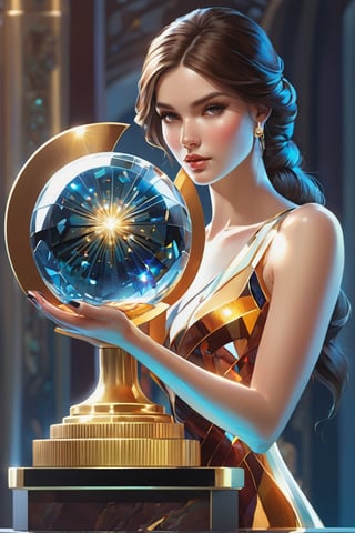 detailed shot of a beautiful slender woman on a gold pedestal, with makeup, hypnotizing look, the hematite stone crystal ball in her hand, artistically posing with the hematite, digital painting, intricate, elegant, highly detailed, art station, impressionistic art, smooth, sharp focus, illustration, Unreal Engine 5, 8k, art by artgerm and greg rutkowski and alphonsemucha,shards,glass,brocken glass,transparent glass,pieces of glass