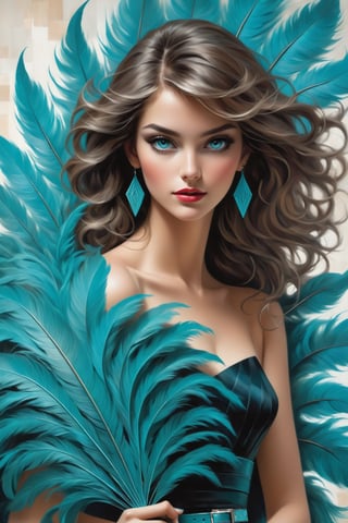 (masterpiece), Slender woman holds a turquoise natural ostrich feather fan in her hand, (she places the open turquoise ostrich feather fan on her waist, as if it were a belt. This highlights her figure and her style), The image It has a geometric art style, with simple shapes and solid colors, which give it an elegant and sober look, real and detailed, highlights the color of your eyes, The image must be high impact, the background must be dark and contrast with the figure of the girl, The image must have a high detail resolution of 8k, (full body), (artistic pose of a woman),Leonardo Style,A girl dancing,Face makeup