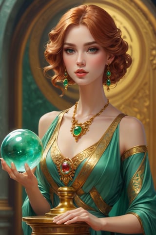 Detailed shot of a beautiful slender woman on a golden pedestal, copper colored hair, with makeup, hypnotizing look, the jade stone crystal ball in her hand, artistically posing with the jade, digital painting, intricate, elegant, highly detailed, season art,impressionist art, soft, sharp focus, illustration, Unreal Engine 5, 8k, art by artgerm and greg rutkowski and alphonsemucha