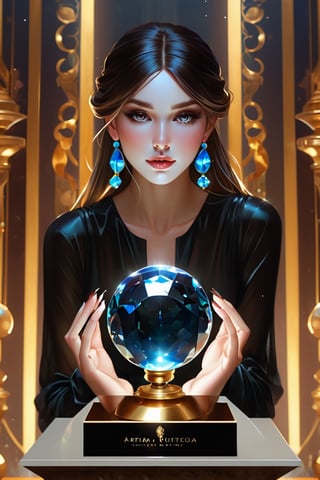 detailed shot of a beautiful slender woman on a gold pedestal, with makeup, hypnotizing look, the hematite stone crystal ball in her hand, artistically posing with the hematite, digital painting, intricate, elegant, highly detailed, art station, impressionistic art, smooth, sharp focus, illustration, Unreal Engine 5, 8k, art by artgerm and greg rutkowski and alphonsemucha,shards,glass,brocken glass,transparent glass,pieces of glass,darkart