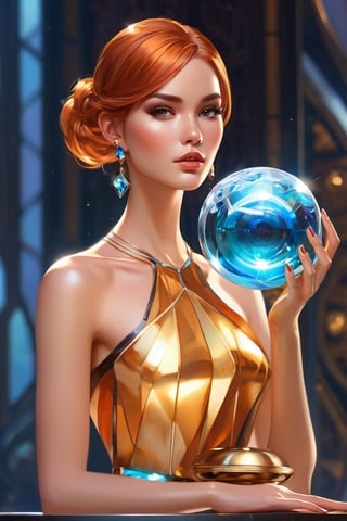 detailed shot of a beautiful slender woman on a gold pedestal,copper colored hair, with makeup, hypnotizing look, the hematite stone crystal ball in her hand, artistically posing with the hematite, digital painting, intricate, elegant, highly detailed, art station, impressionistic art, smooth, sharp focus, illustration, Unreal Engine 5, 8k, art by artgerm and greg rutkowski and alphonsemucha,shards,glass,brocken glass,transparent glass,pieces of glass,darkart