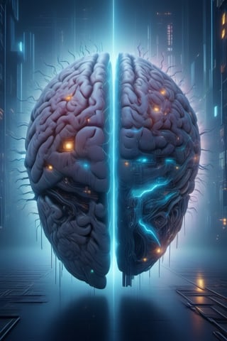 An image of a brain that is divided into two parts, a logical one and a creative one, representing the intellect and duality of the Gemini, surreal style,Magical Fantasy style,CyberPunkAI,Land Of Boo,cyberpunk style,night city,Sci-fi ,<lora:659095807385103906:1.0>