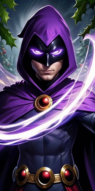 Generate a hyper-realistic image of a scene featuring RavenTT's powers, purple cape billowing, his violet eyes glowing, his hands embodying a concentration of dark energy, glowing light on the holly wreath adorning his belt, a mischievous smile on his face peeks out from under the brim of his red Santa hat placed over his purple hood, photography style, extremely realistic,ttrvn character