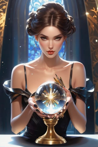 detailed shot of a beautiful slender woman on a gold pedestal, with makeup, hypnotizing look, the hematite stone crystal ball in her hand, artistically posing with the hematite, digital painting, intricate, elegant, highly detailed, art station, impressionistic art, smooth, sharp focus, illustration, Unreal Engine 5, 8k, art by artgerm and greg rutkowski and alphonsemucha,shards,glass,brocken glass,transparent glass,pieces of glass,darkart