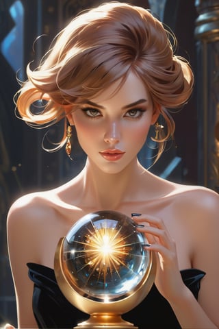 detailed shot of a beautiful slender woman on a gold pedestal, copper colored hair, with makeup, hypnotizing look, the hematite stone crystal ball in her hand, artistically posing with the hematite, digital painting, intricate, elegant, highly detailed, art station, impressionistic art, smooth, sharp focus, illustration, Unreal Engine 5, 8k, art by artgerm and greg rutkowski and alphonsemucha,shards,glass,brocken glass,transparent glass,pieces of glass,darkart