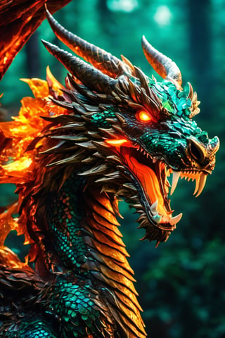 (choker), (upper body),(forehead),(glowing face and skin), (detailed face and skin), (dragon looking at the camera), (Dragon Made of Scales),(malachite colored flakes), (beaked snake head), (ancient dragon), (divine), (flying), (Full Body),(robust and muscular body),(Intricately Detailed),(Lightning Art),(Particles),(Beautiful and Majestic),(Stunning),(Large and Awesome Wings), (Two Wings), (four paws), (Shocking),(Intimidating), (Imposing) ,(Large Sharp Fangs), (Claws), (fire forest background),Cinematic scene wallpaper 8k official art unity 8k wallpaper dynamic angle bright vivid colors,romanticism,crystal clear,cover art,zoom out, luminism, eyes tiger 