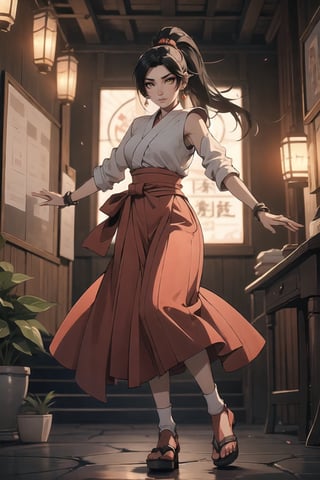 DOAMomiji(Black Hair, Long Ponytail, Hazel Eyes).

The setting is enveloped in the soft glow of lantern light, casting gentle shadows that dance across the meticulously raked gravel pathways.

She is adorned in her traditional Miko attire, a vibrant ensemble that exudes both elegance and sensuality. The Miko's attire is accented by a crimson obi tied securely around her waist, its rich hue contrasting beautifully against the purity of her garment. A pair of elegant tabi socks adorn her feet, while a pair of lacquered geta sandals add a subtle elevation to her stature.


💡 **Additional Enhancers:** ((High-Quality)), ((Aesthetic)), ((Masterpiece)), (Intricate Details), Coherent Shape, (Stunning Illustration), [Dramatic Lightning],midjourney,