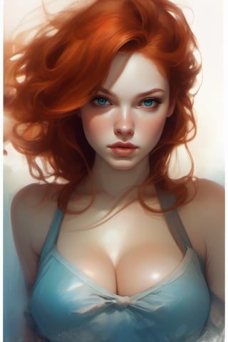 close up, AS-YoungV2,REDHEAD,Masterpiece, best quality, hi res, 8k, PERFECT HANDS, THIGH GAP, LEANING FORWARD, FACING TO THE VIEWER, award winning Protrait, photography, art by Ashley Wood,  upper half body, tits, beautiful baby girl face 18 y.o. ,ginger, petite, cute face,  oval jaw, delicate features, beautiful face,  lusty lips, bright blue eyes, Anna Dittmann art, a medium breast, sensual look,  seductive, alluring, enticing,  provocative, sexually  shirt, naked shirt, shirt tug shirt tug , face, present face, facing to a viewer,shirt