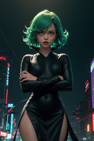 masterpiece, best quality, (detailed background), (beautiful detailed face, beautiful detailed eyes), absurdres, highres, ultra detailed, masterpiece, best quality, detailed eyes, frown, green_eyes, green hair, crossed_arms, folded arms, floating, dark green tight dress, long_sleeves, high collar, ,asian girl, full body body, sexy pose, alluring, erotic pose, open mouth, seductive, kinky, close-fitting clothing, neck bone, at the city , midnight, cyberpunk scene, neon lights, wind vfx, splashes, green lightning, light particles, electric, dj theme, synthwave theme, (bokeh:1.1), depth of field, wind powers