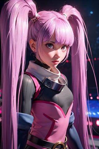 masterpiece, best quality, (detailed background), (beautiful detailed face, beautiful detailed eyes), absurdres, highres, ultra detailed, masterpiece, best quality, detailed eyes, lavander eyers, Sophie_TalesOf, solo, lavander haircolor, lon pigtails hairstyle, humanoid armor, gray suit with a pink over-vest that has magenta lining, black belt that connects to her white leg warmers, and on her arms are large dark blue gloves, fastened by red rings at the top, light pink shoes with a red ribbon on each, anklet on her right foot, looking at viewer, cowboy shot, cinematic composition, big tree background, vfx, punching, upper body