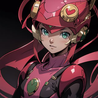 masterpiece, best quality, (detailed background), (beautiful detailed face, beautiful detailed eyes), absurdres, highres, ultra detailed, masterpiece, best quality, detailed eyes, green eyes ,mecha musume,guiltys, lightweight bodysuit-type, mixture of the colors pink, red, black, Attached to her helmet is a pair of transparent ribbon-like antennae, at cyberspace background, cyberpunk theme looking_at_viewer