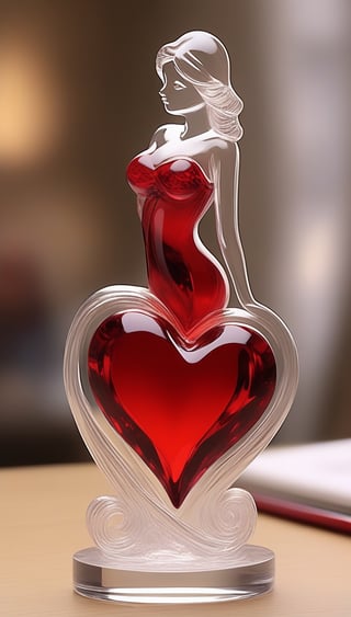 Generate an image of a sophisticated glass art rendition featuring  red heart . The intricately crafted figurine stands elegantly on a desk, capturing the essence of high-end craftsmanship.Clear Glass Skin, red heart -themed , realistic glass style , Valentine day