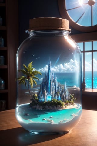 masterpiece, best quality, ultra detailed, hyperresolution, ultra-resolution
Island inside glass jar, glass jar, island middle of ocean, miniature island, mini futuristic city, ocean inside jar, ocean, cinematic, jar on table, brown table, bokeh, dark room, sun light, dungeon, background blur,mini\(ttp\)