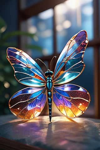 A dragonfly, with intricate and vibrant patterns on its body, is showcased against the backdrop in the centre of the clear window, and the sunlight streaming through illuminates the dragonfly, casting a radiant and enchanting glow throughout the scene.,glass shiny style