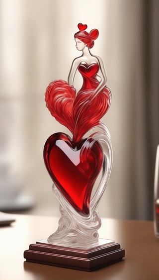 Generate an image of a sophisticated glass art rendition featuring  red heart . The intricately crafted figurine stands elegantly on a desk, capturing the essence of high-end craftsmanship.Clear Glass Skin, red heart -themed , realistic glass style , Valentine day