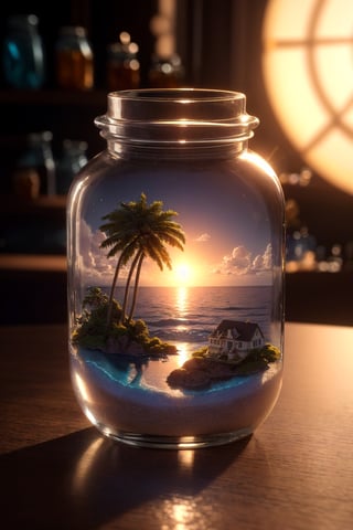 masterpiece, best quality, ultra detailed, hyperresolution, ultra-resolution
Island inside glass jar, glass jar, island middle of ocean, miniature island, mini island, ocean inside jar, ocean, cinematic, jar on table, brown table, bokeh, dark room, sun light, dungeon, background blur,mini\(ttp\)