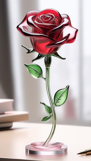 Generate an image of a sophisticated glass art rendition featuring  red rose . The intricately crafted figurine stands elegantly on a desk, capturing the essence of high-end craftsmanship.Clear Glass Skin, (pink rose -themed ), realistic glass style , Valentine day