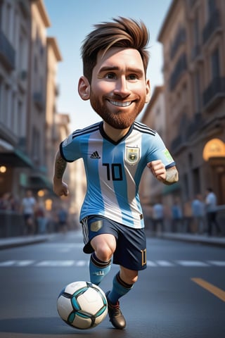 Pixar-style full-body caricature of a mischievous Messi in a dynamic pose on a bustling city street, wearing the iconic jersey number 10 of the Argentina national team, created by Greg Rutkowski with sharp focus, depth of field, perfect composition, intricate details, trending on ArtStation and featured on Pixiv Fanbox, digital art, 8K HDR, ultra-realistic, with the feel