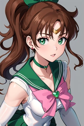 best quality, highres, sailor Jupiter, green eyes, ponytail, jewelry, sailor senshi uniform, green sailor collar, choker, white elbow gloves, pink bow, brooch, leotard, green skirt, smjupiter, closeup face portrait, makeup, sexy