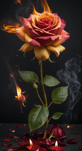  Rose, pedals on fire, bleeding heavily from flower