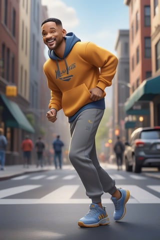 Pixar-style full-length caricature of a mischievous Will Smith in a dynamic pose on a bustling city street, wearing a sports sweatshirt, created by Greg Rutkowski with sharp focus, depth of field, perfect composition and intricate details. , trending on ArtStation and featured on Pixiv Fanbox, digital art, 8K HDR, ultra-realistic, with the feeling