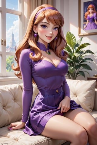 score_9, score_8_up, score_7_up,high quality, (masterpiece, best quality, ultra-detailed,(8k),beautiful face and eyes,((((NSFW)))),((sexy pose)),Daphne Blake, lifting skirt at viewer,eyes looking at viewer, flashing boobs,sitting on couch ,naughty face, indoors,blushing, mistery machine background