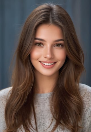 full-length portrait of a beautiful girl in her early 25s, with long uncut BROWN hair, BRORN HAZEL eyes, ruddy skin, beautiful, button nose, full lips, a minuscule amount of clothing, smiling, feeling of lightness and joy, hyperrealism, skin very elaborated, direct gaze,woman