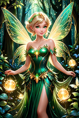 A hyperrealistic, vibrant illustration of a mystical fairy in an enchanting forest setting. The central figure is a beautiful fairy with short blonde hair
adorned with delicate leaves,

((tinker bell )), girl, from disney fairy secret movie, (((two fairy wins on back))), short Blonde hair, green look, in a light enchanted forest, , shiny skin,


She has a serene expression as she gazes at a green glowing orb she holds in her hands. Her outfit is an intricately designed dark green and gold dress with metallic accents, emphasizing her ethereal nature. Her large, iridescent wings blend shades of orange and gold, featuring delicate patterns. The background depicts a magical forest at twilight, with soft ambient lighting creating a mystical atmosphere. The lush, dense forest is filled with hints of magical creatures and glowing lights, adding to the enchanting feel. The lighting highlights the fairy's delicate features and the intricate details of her attire, creating a captivating and other, cinematic, photo
,Insta Model,style