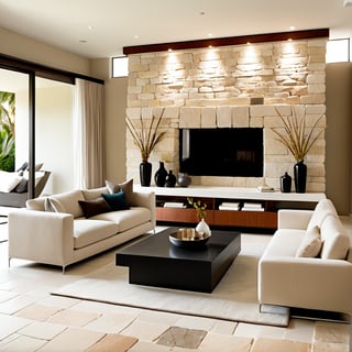 Photograph, contemporary living room, soft light of morning, integration of beige flooring and matte stone features, unified color scheme of soothing white tones, creating a white and inviting atmosphere, 35mm f/1.4G lens, set f/4, sophisticated furniture, including a white-colored sofa set and a minimalist side table, natural lights,more detail XL