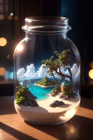 masterpiece, best quality, ultra detailed, hyperresolution, ultra-resolution
Island inside glass jar, glass jar, island middle of ocean, miniature island, mini island, ocean inside jar, ocean, cinematic, jar on table, brown table, bokeh, dark room, sun light, dungeon, background blur,mini\(ttp\)