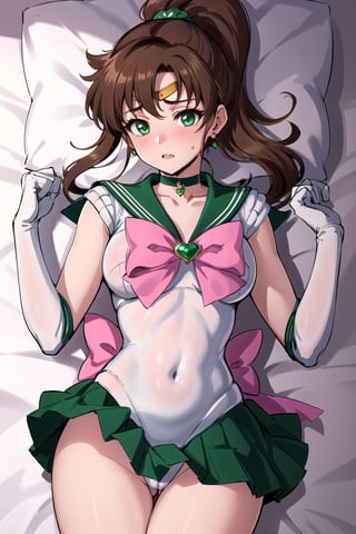 masterpiece, best quality, highres, sailor Jupiter, green eyes, ponytail, jewelry, sailor senshi uniform, green sailor collar, choker, elbow gloves, white gloves, pink bow, brooch, leotard, green skirt, smjupiter, lying on bed, overhead view, slender body, moaning, blushing, masturbating