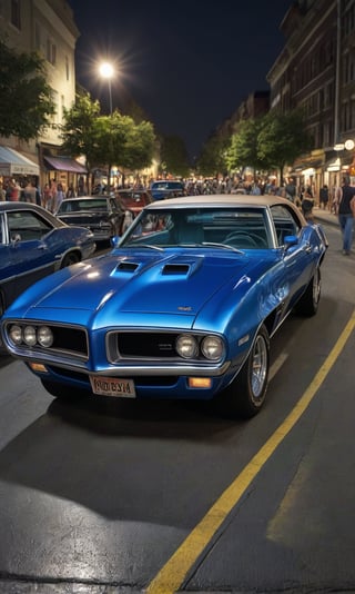 photorealistic, 32k, hdr, realistic, raw photo, dark blue 1969 Pontiac firebird, muscle car, night, car meet, crowded, detailed background, masterpiece, best quality, ultra-detailed, very aesthetic, illustration, perfect composition, intricate details, absurdres,