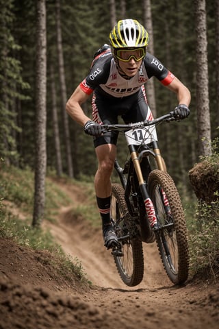 (best quality, masterpiece, ultra quality), UHD quality, rule of thirds, 1 man Loïc Bruni is a French athlete who competes in mountain biking in the downhill discipline. He won five gold medals in the World Mountain Bike Championships, between the years 2015 and 2022.
(facing viewer: 1.4), (position of her body towards viewer: 1.4).
The character should have detailed skin texture, well-defined hands, reflect realism. Her face should show symmetry in her physical features and should have a serious but friendly expression. Eyes, realistic eyeballs, symmetrical eyeballs, small eyeballs.