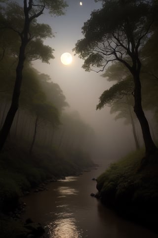 valley in the forest. light sources come from the Moon illuminating the trees, fog emerging from the river, the moonlight reflects in the river