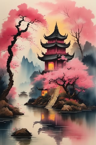 ink scenery, no humans, sun behind the temple, lake in the middle of the forest, big trees, blooming branches, pink flowers on the water, big temple with stairs, muted colors,  negative space,  chinese ink drawing