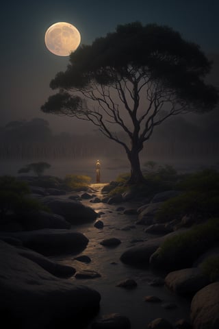 A big tree whose branches reach to the sky like nature's mountains. In the distance, mist emerges from a misty river, the moonlight reflects in harmony with the night