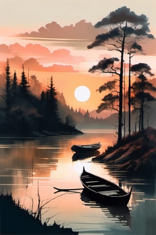 ink scenery, no humans, lake, trees, sunset, muted colors, boat on the water, reflection. river valley in the middle of the forest, negative space