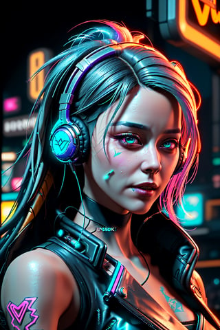 a close up of a person with headphones on, cyberpunk 2 0 7 7 character art, jessica rossier color scheme, cybernetic dreadlocks, picture of a female biker, photoreal render, psytrance artwork, connected, terminals, colorful character faces, unsplash 4k, cyborg merchant woman, neon graffiti