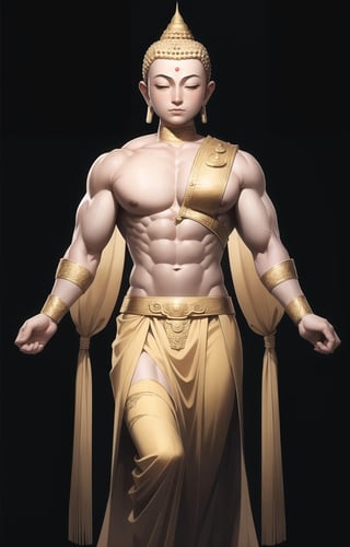 (masterpiece:1.2),(best quality:1.2),(extremely detailed:1.2),(photo realistic:1.2), (extremely detailed face),(ultra detailed),((A Buddha)),full_body,golden body,(muscular:1.5),Muscular upper arms,Close eyes,black_background,