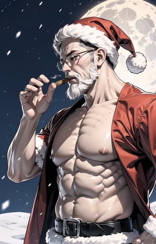 solo,((old man)),Santa Claus beard,(cowboy shot:1.2),santa hat,(muscular:1.2),Naked upper body,Mouth smoking a cigar,glasses,falling_snow,moon,night_sky,boichi manga style