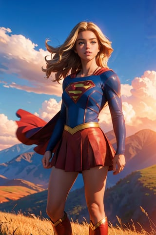 Masterpiece, high quality, UHD, 1girl, blonde, beautiful, superman shirt, red skirt, a woman m111y ,CLOUD, supergirl