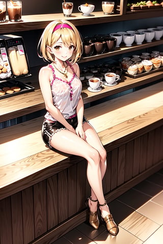 1girl, solo, (blonde:1.2), short hair, sidelocks, pink hairband, medium breasts, light smile, brown eyes, cafe, cofee bar, white shirt, black shorts, necklace, brazalet, bare shoulders, sitting, full body